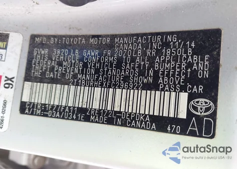 2015 Toyota Corolla L from USA, damaged, VIN 2T1BURHEXFC296922